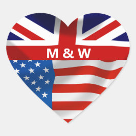 Pegatina En Forma De Corazón Banderas estadounidenses británicas monogramadas