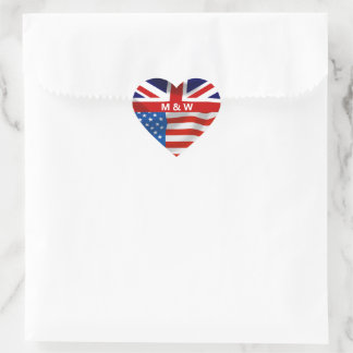 Pegatina En Forma De Corazón Banderas estadounidenses británicas monogramadas