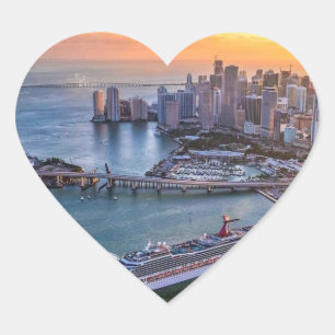 Pegatina En Forma De Corazón Barco de crucero del atardecer de Miami y paisaje
