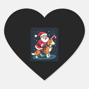 Pegatina En Forma De Corazón Beagle Xmas iluminando a Santa Riding Perro Beagle