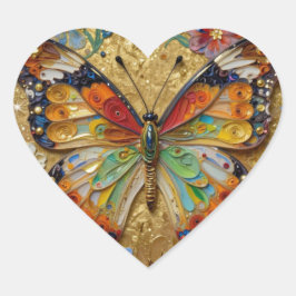 Pegatina En Forma De Corazón Beautiful Impasto Butterfly and Flowers  