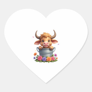 Pegatina En Forma De Corazón Bebé lindo de vaca de las Tierras Altas con flores