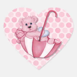 Pegatina En Forma De Corazón Bebé Tema El oso de los paraguas con puntos rosado