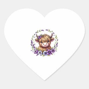 Pegatina En Forma De Corazón Bebé Vaca Highland Con Flores Púrpuras Escocia Lej