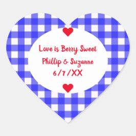 Pegatina En Forma De Corazón Berry Blue Gingham Wedding Favor Jelly Jar Labels