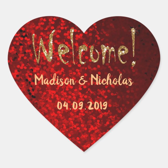 Pegatina En Forma De Corazón ¡Bienvenida! purpurina rojo (Anverso)