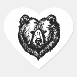 Pegatina En Forma De Corazón Black and White Bear's Face Ink Drawing