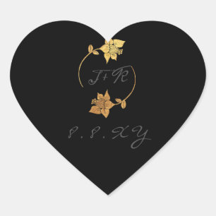 Pegatina En Forma De Corazón Black Gray Monogram Gold Wreath Save the Date