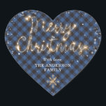 Pegatina En Forma De Corazón Blue Buffalo Plaid Sparkly Snow Merry Christmas<br><div class="desc">Hermoso búfalo azul personalizado chapó pegatinas navideños Feliz con un brillante título de caligrafía y copos de nieve en un fondo azul de manto de búfalo. Personaliza fácilmente a estos Navidades de cuadros azules y negros pegatinas de corazón con tu nombre.</div>