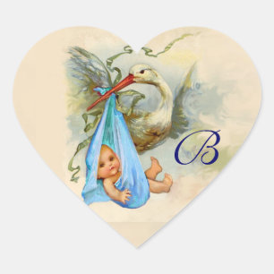 PEGATINA EN FORMA DE CORAZÓN BLUE STORK BABY SHOWER HEART MONOGRAM ,