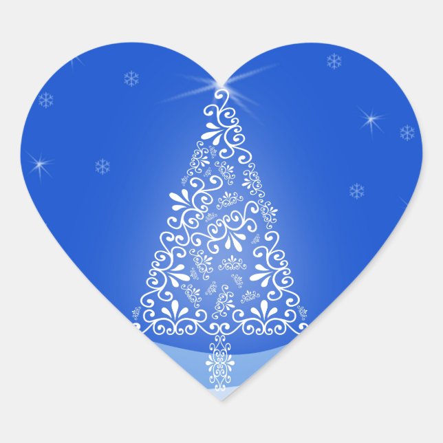 Pegatina En Forma De Corazón Blue White Merry Christmas Tree Stars Night Light (Anverso)
