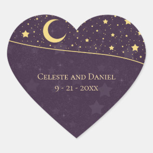 Pegatina En Forma De Corazón Boda Celestial Estrellas y Luna Deep Purple