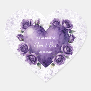 Pegatina En Forma De Corazón Boda Corazón y Rosas Aquarela Púrpura