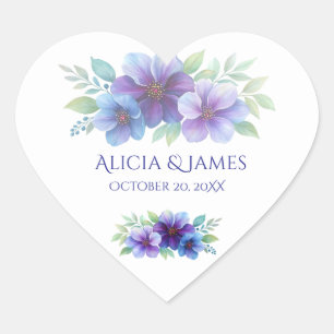 Pegatina En Forma De Corazón Boda de acuarela botánica púrpura romántico azul