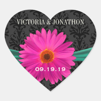 Pegatina En Forma De Corazón Boda de Daisy Gerber, verde esmeralda y rosa