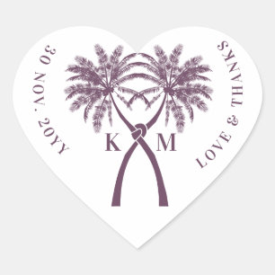 Pegatina En Forma De Corazón Boda de destino tropical de palmeras nubladas