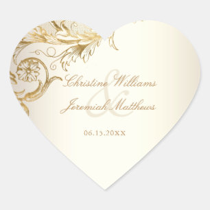 Pegatina En Forma De Corazón Boda de escritura elegante de damasquinados floral