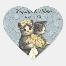 Pegatina En Forma De Corazón Boda de gatos posados azul