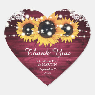 Pegatina En Forma De Corazón Boda de girasol de madera rústica de Borgoña Graci