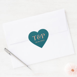 Pegatina En Forma De Corazón boda de melocotón verde azulado y melocotón, escud