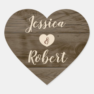 Pegatina En Forma De Corazón Boda de monograma rústico de madera de granero
