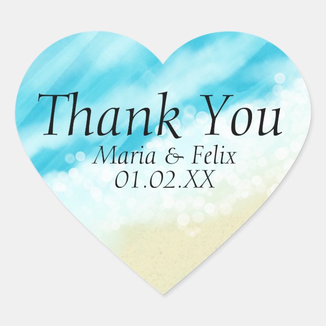 Pegatina En Forma De Corazón Boda de playa Ducha de novia Arena Olas Tropicales (Anverso)