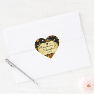 Pegatina En Forma De Corazón Boda de Rosas y Mariposas con Corazón de Oro