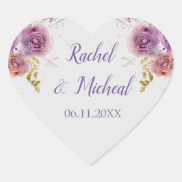Pegatina En Forma De Corazón Boda floral de color morado adorable