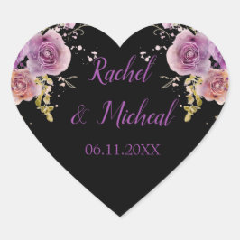 Pegatina En Forma De Corazón Boda floral de color morado y negro adorable