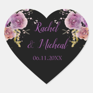 Pegatina En Forma De Corazón Boda floral de color morado y negro adorable