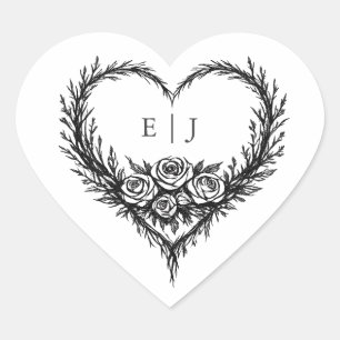 Pegatina En Forma De Corazón Boda floral moderna en blanco y negro dibujada a m