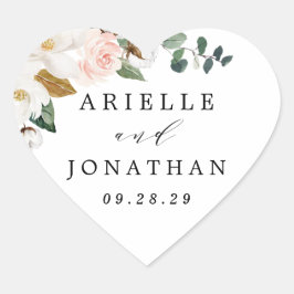 Pegatina En Forma De Corazón Boda floral Rubor de oro rosa y magnolia blanca