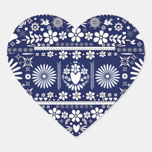 Pegatina En Forma De Corazón Boda Papel Picado Azul Blanco Mexicano