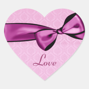 Pegatina En Forma De Corazón Boda PINK Bow Damask Pegatina del corazón
