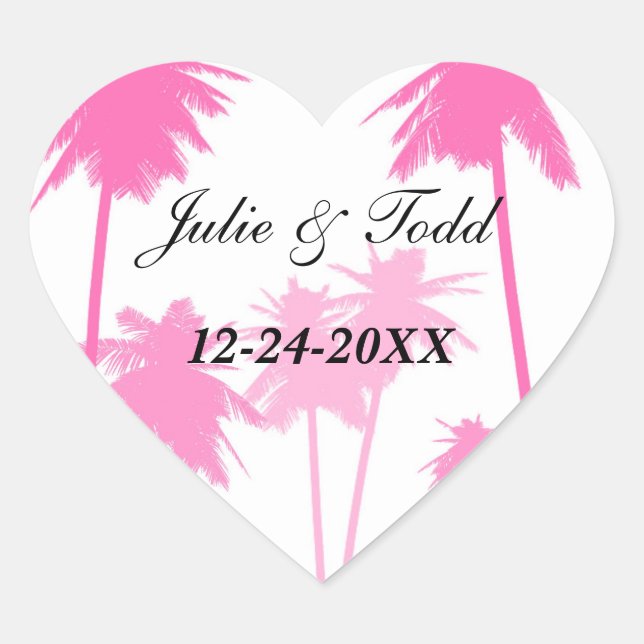 Pegatina En Forma De Corazón Boda tropical de palmeras rosadas (Anverso)