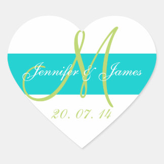 Pegatina En Forma De Corazón Boda verde azulada, monogramada verde