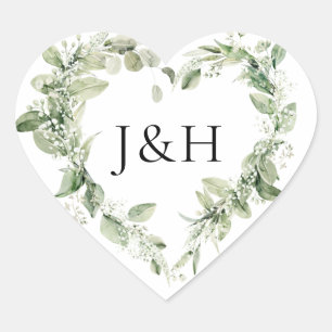 Pegatina En Forma De Corazón Bodas con Flores Blancas Lujuriantes y Verdor Mono