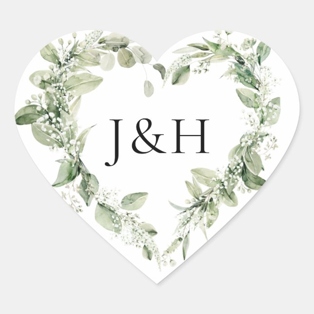 Pegatina En Forma De Corazón Bodas con Flores Blancas Lujuriantes y Verdor Mono (Anverso)
