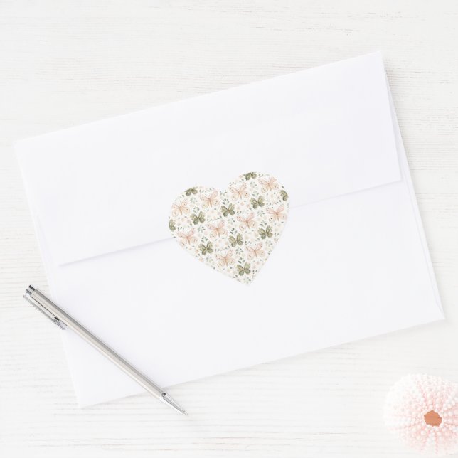 Pegatina En Forma De Corazón Bodas de Mariposas Verdes Rosadas   (Sobre)