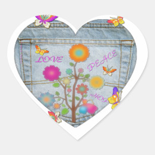 Pegatina En Forma De Corazón Bolsillo de mezclilla Corazón Flores Mariposas