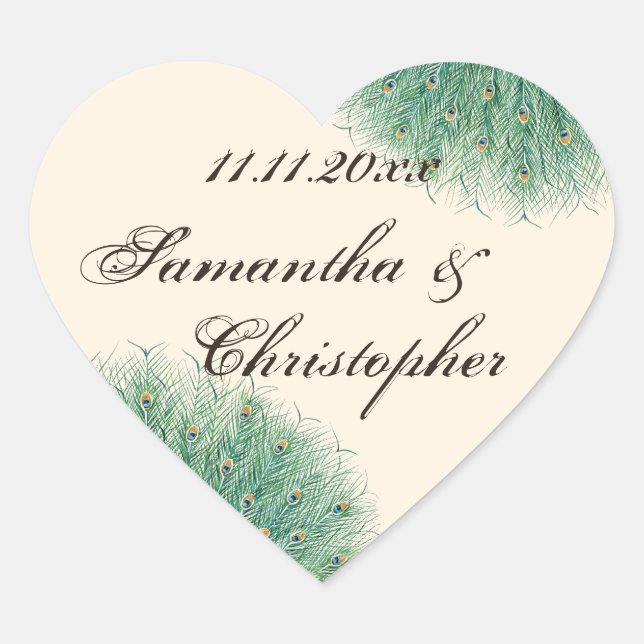 Pegatina En Forma De Corazón Bonito Peacock Feathers (Anverso)