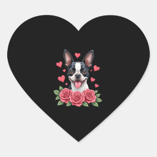 Pegatina En Forma De Corazón Boston Terrier con Corazones de Rosas Rojas Camise