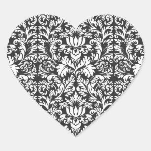Pegatina En Forma De Corazón Brocado de encaje damasco vintage en blanco y negr