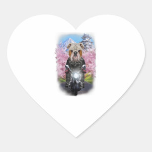 Pegatina En Forma De Corazón Bulldog Inglés En Motocicleta En Sakura Japonés