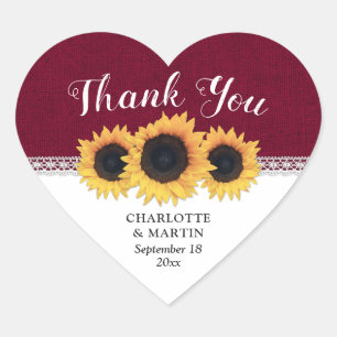 Pegatina En Forma De Corazón Burgundy Burlap Boda del Girasol Gracias