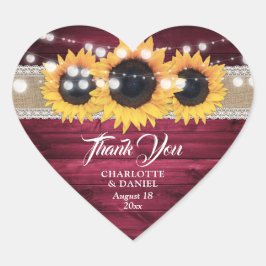 Pegatina En Forma De Corazón Burgundy Rústico Burlap Lace Sunflower Boda