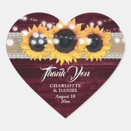 Pegatina En Forma De Corazón Burgundy Wood Burlap Lace Sunflower Wedding Favor