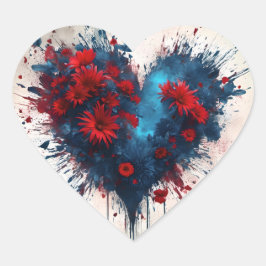 Pegatina En Forma De Corazón Bursting Blue Heart with Red Flowers