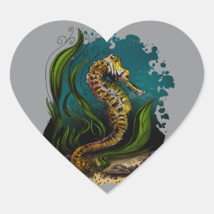 Pegatina En Forma De Corazón Caballito de mar sereno bajo el agua gris fondo ne