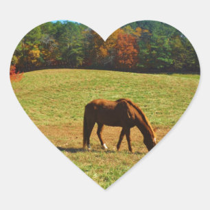 Pegatina En Forma De Corazón Caballo rojo marrón en los árboles de otoño